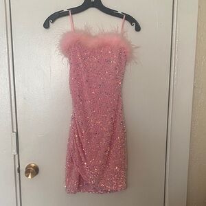 Windsor Pink Sequin Mini Dress with Feather Trim